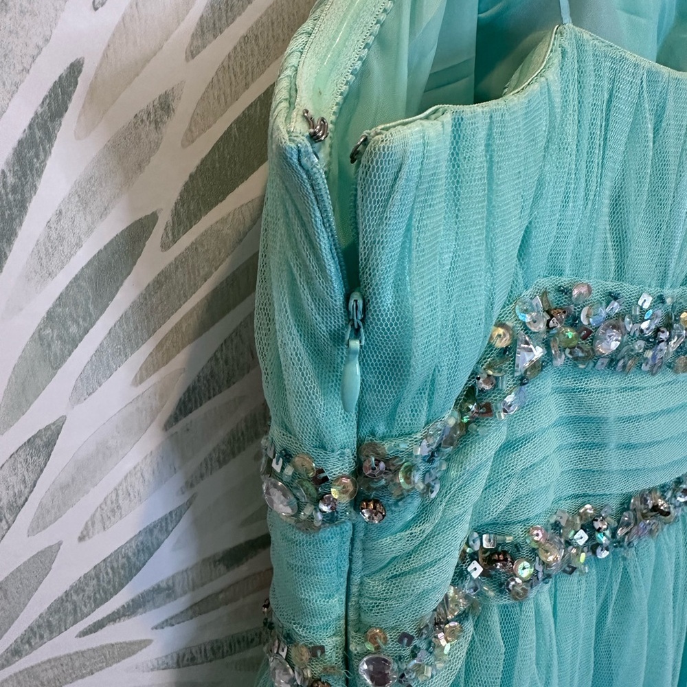 Morgan & Co Turquoise Green Strapless Formal Prom Dress Juniors Sz 1/2 Sequin - Picture 6 of 9